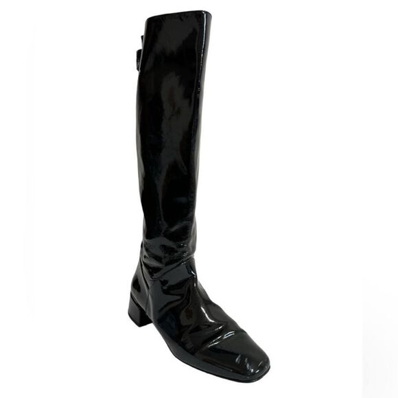 Start Weitzman Boots Black Leather Knee High Patent Leather Block Heel Size 9 - Picture 1 of 16